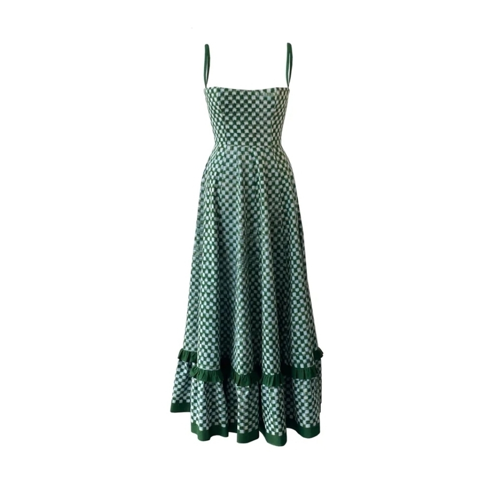 Spaghetti Straps Checkerboard Print Zip Slip Flowy Ruffled Long Maxi Dress - Picture 4 of 5
